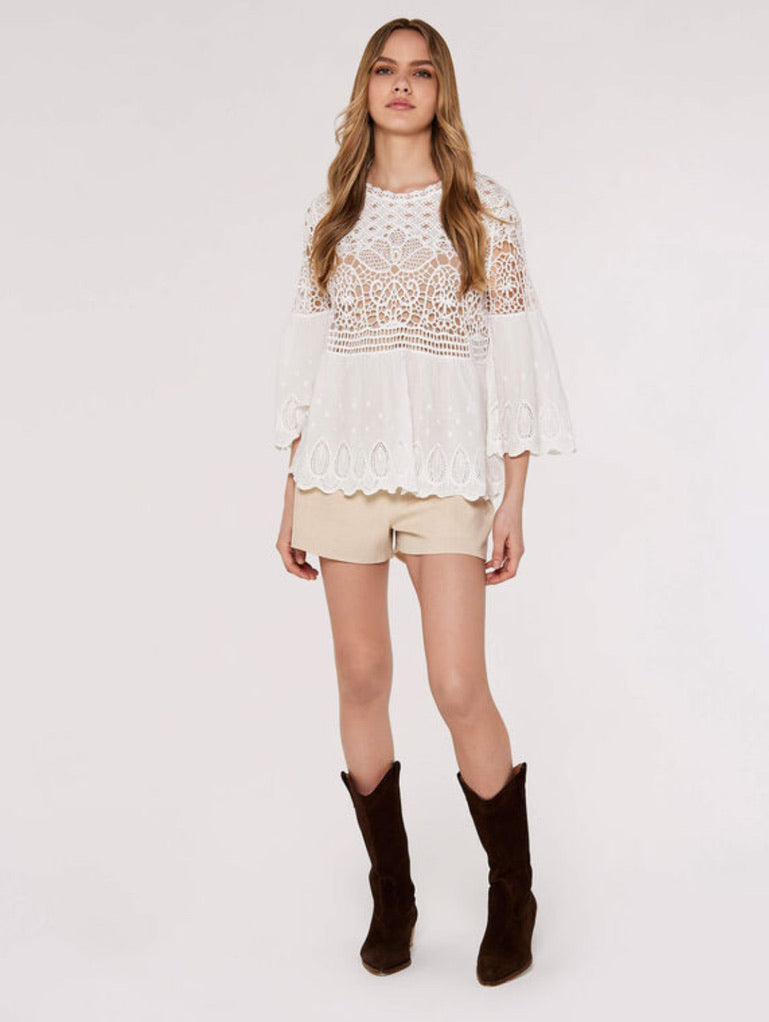 Crochet lace, folk border, bell sleeve top - White