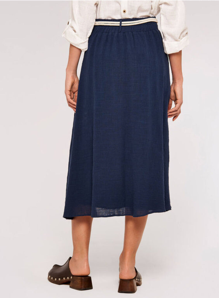 Rope Belt Cotton Midi Skirt - Blue