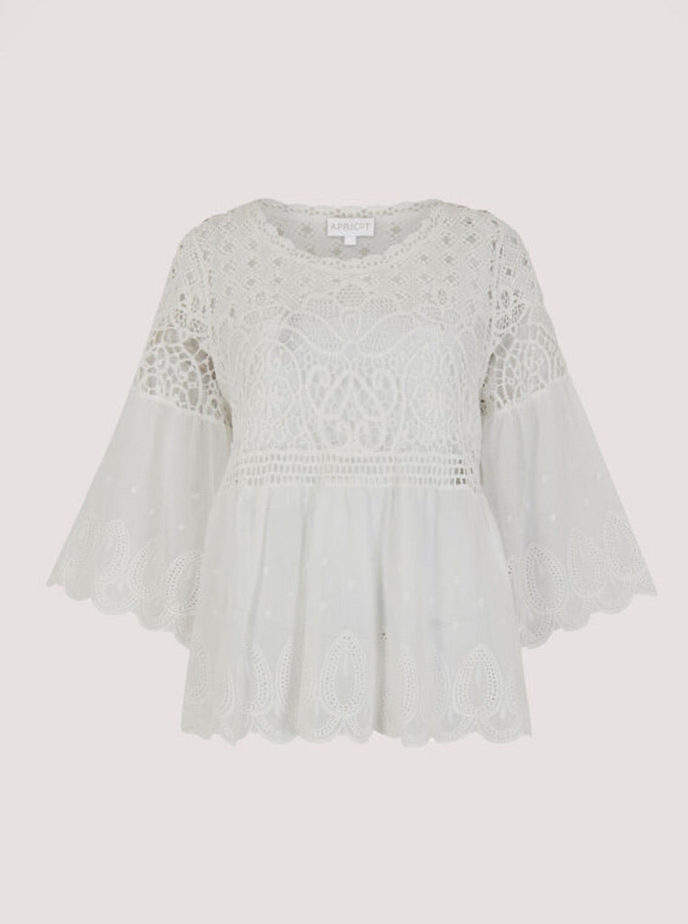 Crochet lace, folk border, bell sleeve top - White