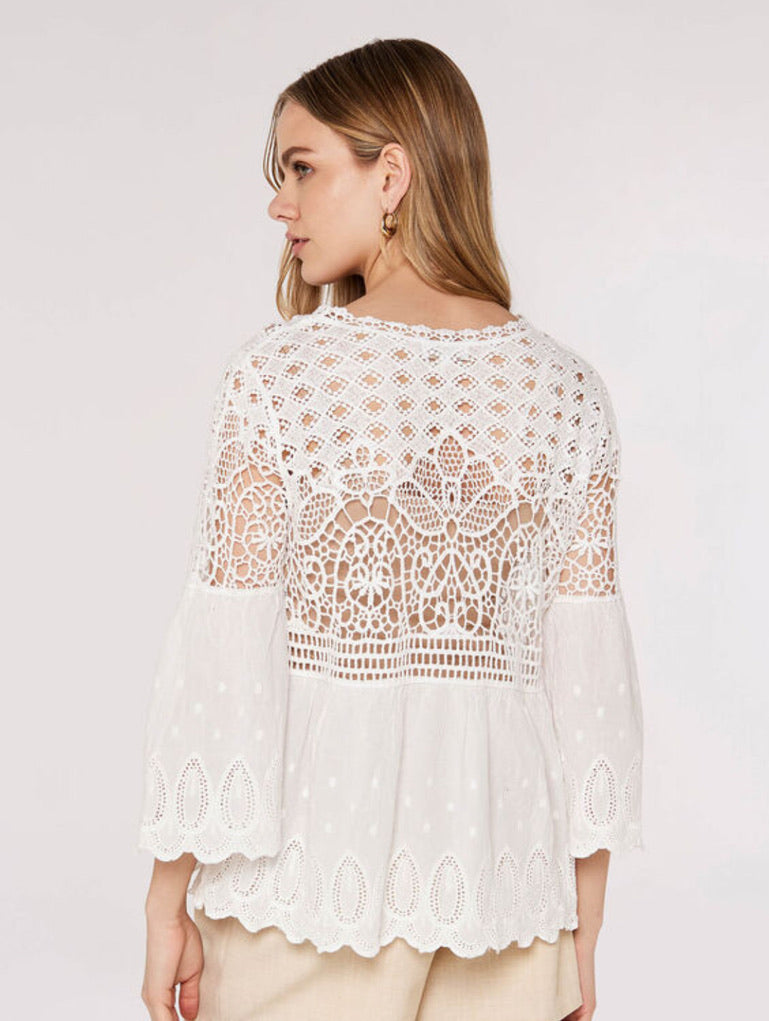 Crochet lace, folk border, bell sleeve top - White
