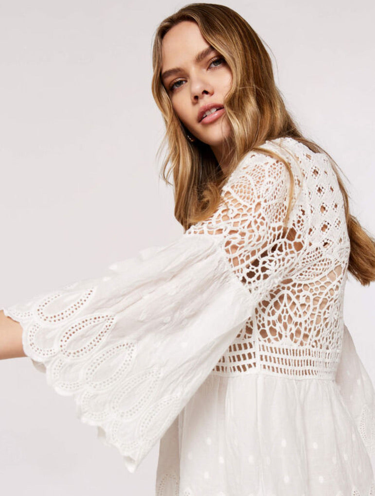 Crochet lace, folk border, bell sleeve top - White