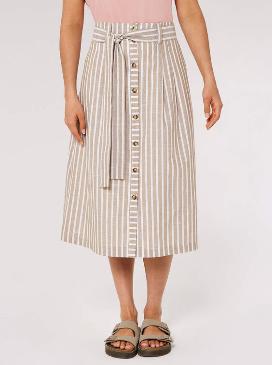 Woven Stripe Button through Midi Skirt Stone