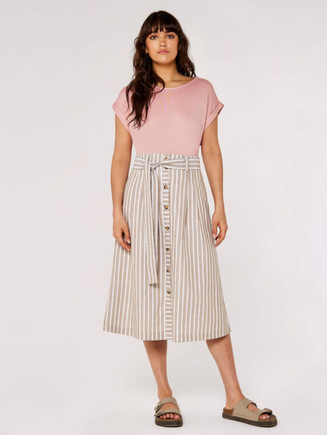 Woven Stripe Button through Midi Skirt Stone