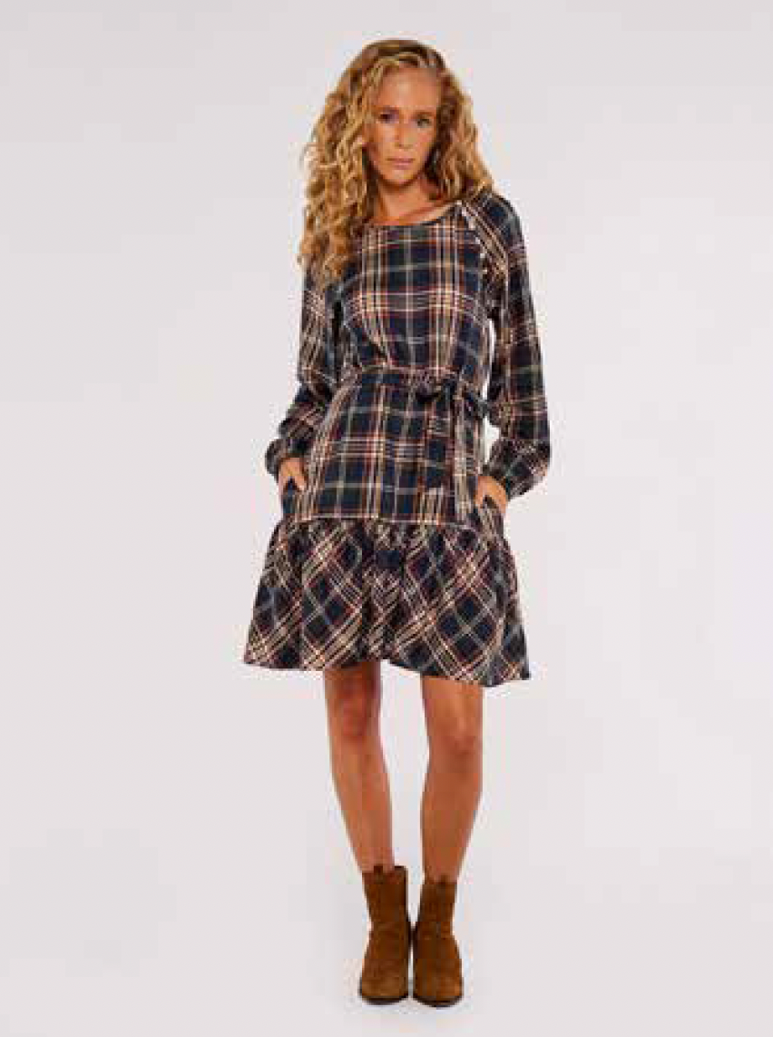 Earthy Check L/slv Ruffle Dress