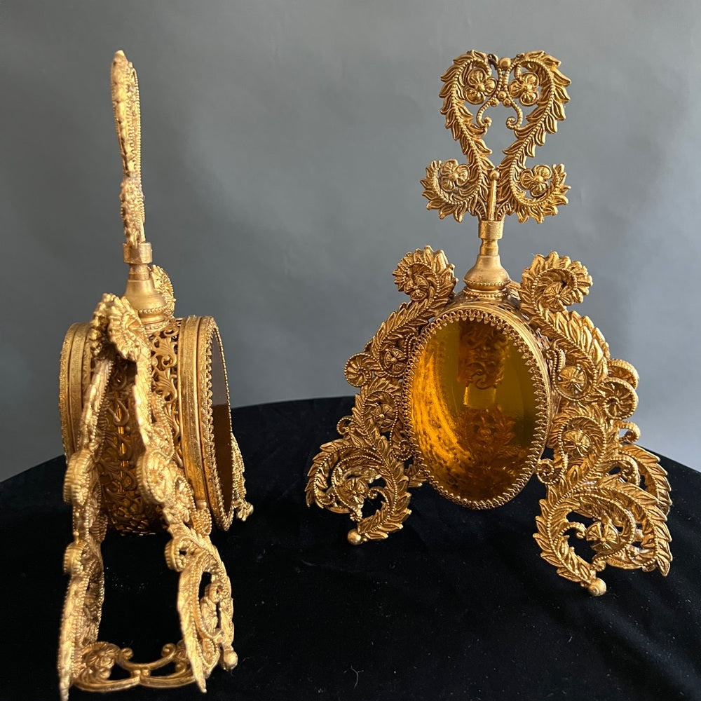 Vintage Perfume Bottle Gold Ormolu Filigree Amber Glass Hollywood Regency
