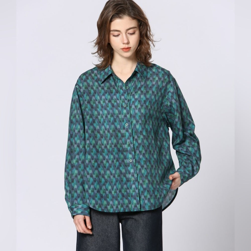 57. Blue pattern, collar, neck button down shirt.