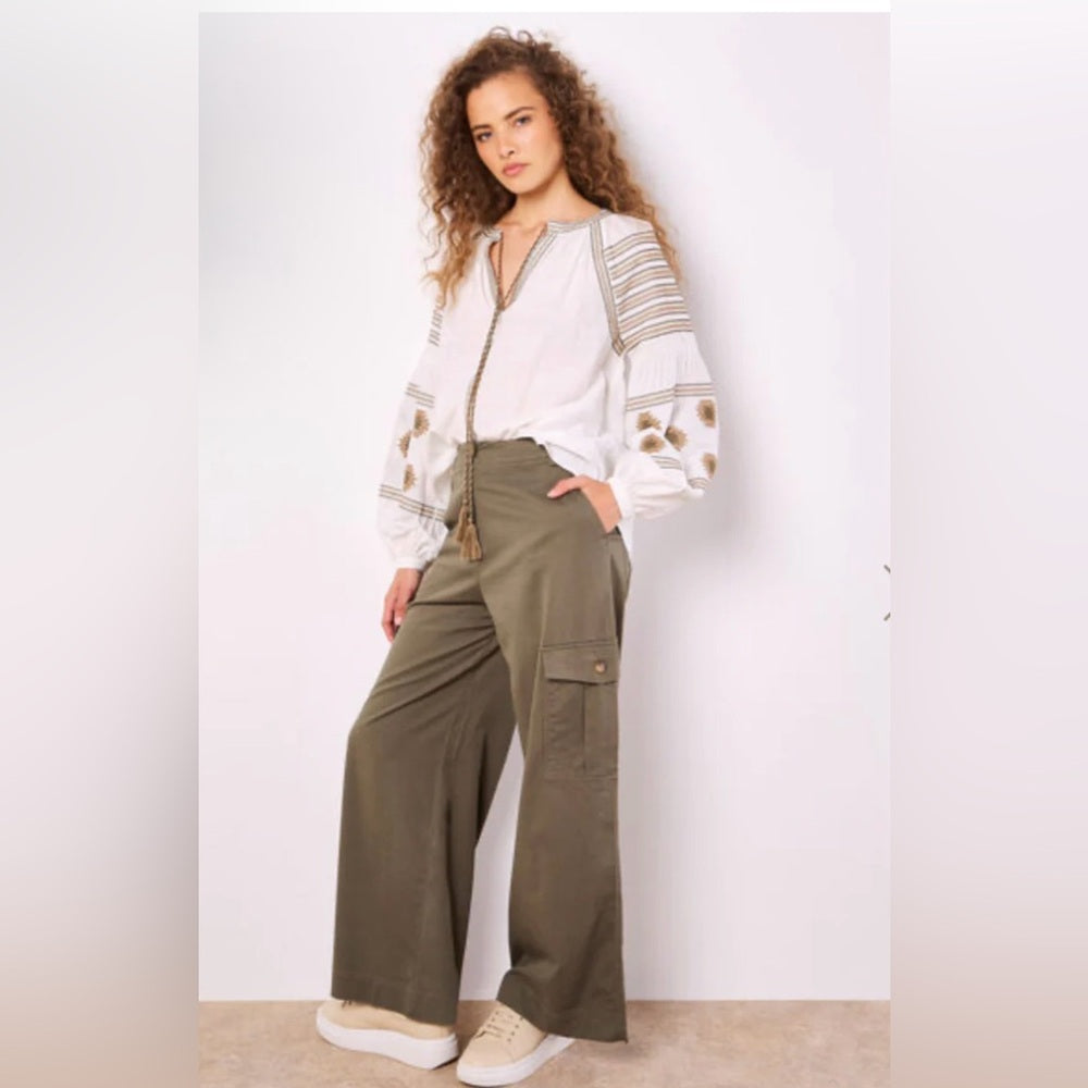 APRICOT π- Embroidered White Peasant Blouse with Tassel Tie