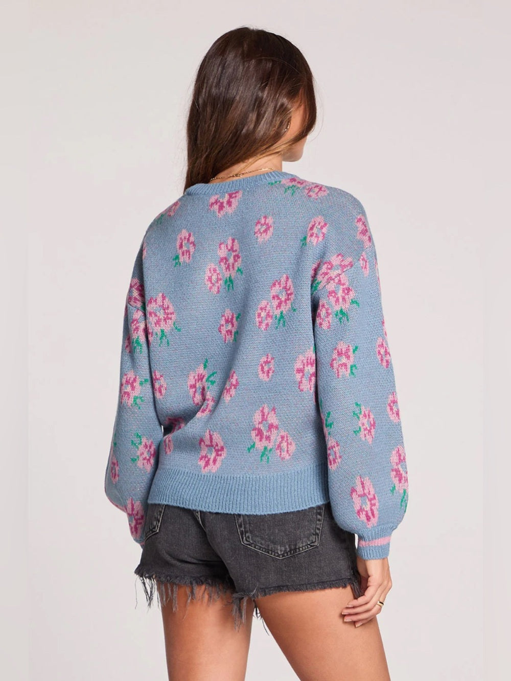 Saltwater LUXE đ- Ronnie sweaterâpink florals against a soothing Dusty Blue base