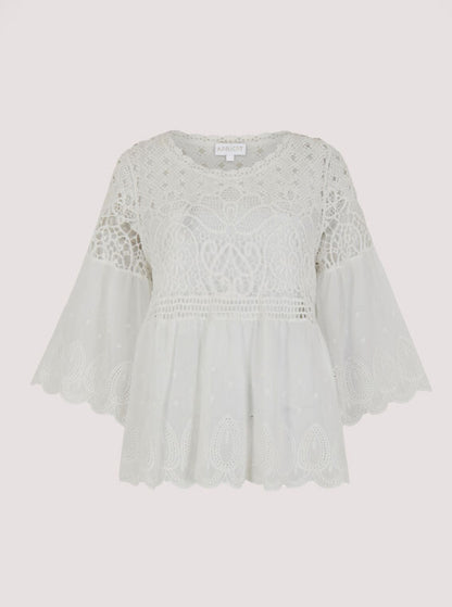 Crochet lace, folk border, bell sleeve top - White