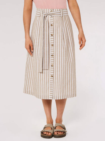 Woven Stripe Button through Midi Skirt Stone