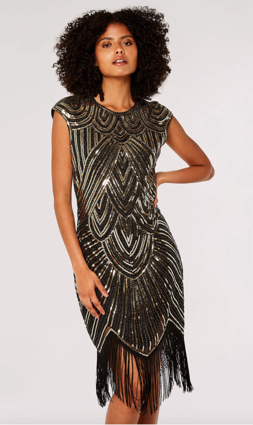 art deco sequin dress 1920's Art Deco Beaded Sequin Black Tabard Dress