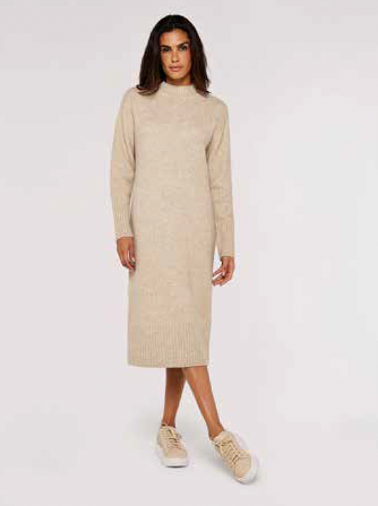 Chunky Knit High Nk Midi Dress
