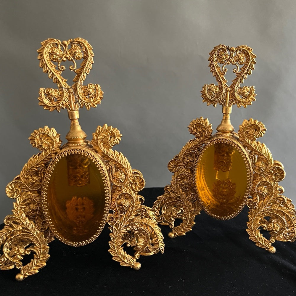 Vintage Perfume Bottle Gold Ormolu Filigree Amber Glass Hollywood Regency￼￼