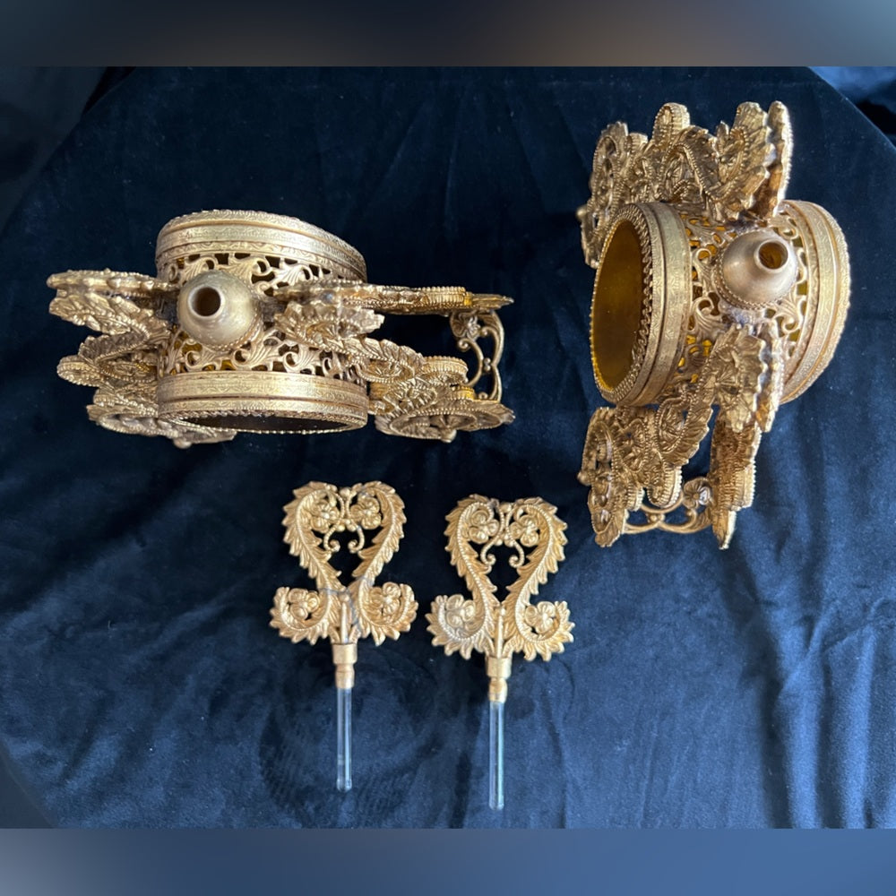 Vintage Perfume Bottle Gold Ormolu Filigree Amber Glass Hollywood Regency￼￼