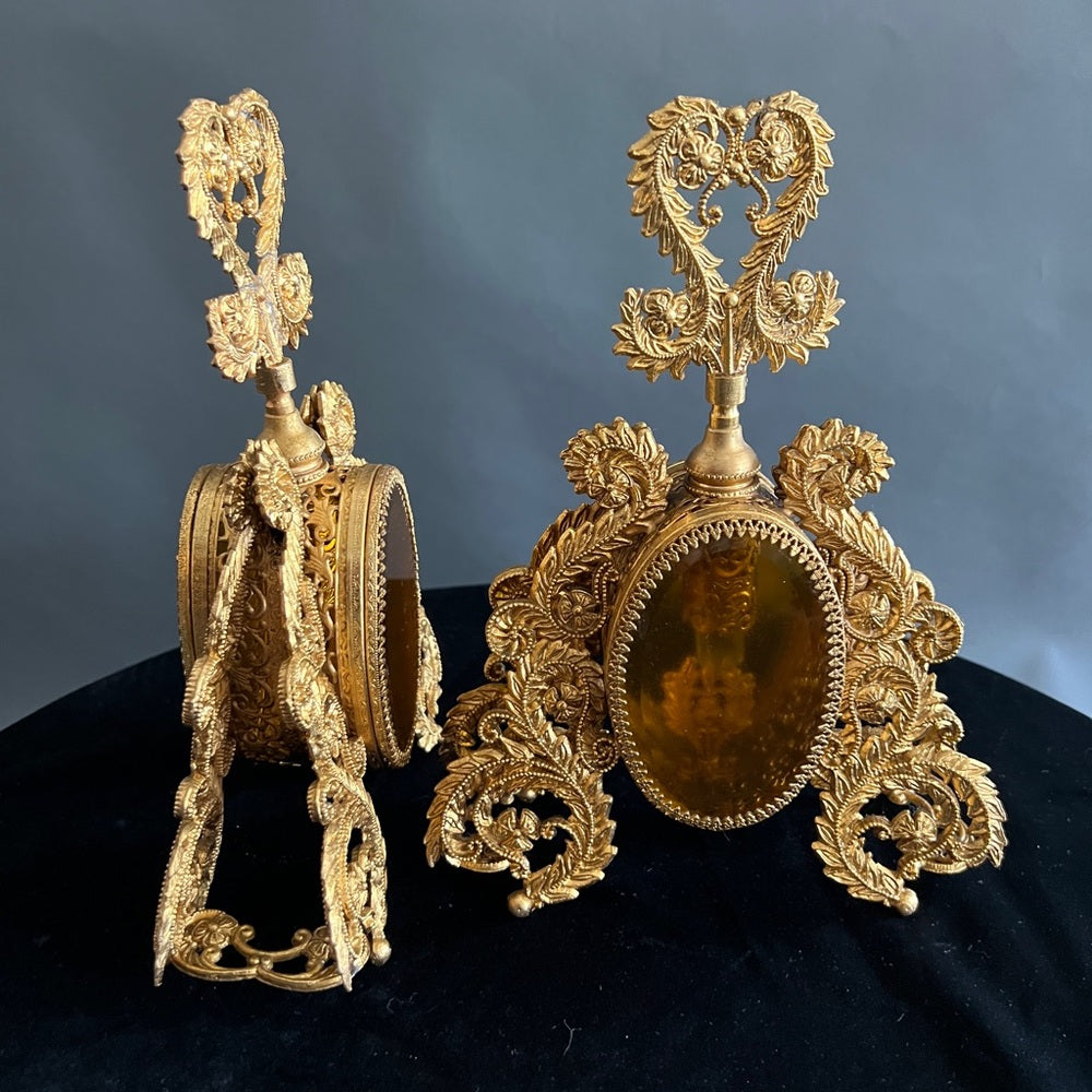 Vintage Perfume Bottle Gold Ormolu Filigree Amber Glass Hollywood Regency￼￼