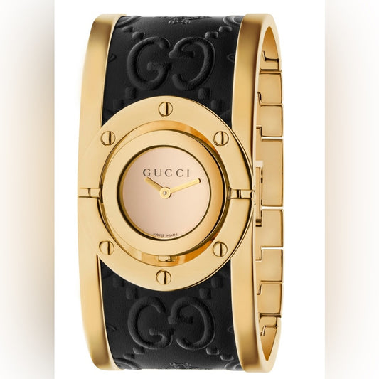 GUCCI COLLECTORS WATCH 
Twirl Quartz Gold Dial Two Tone Bangle Ladies Watch