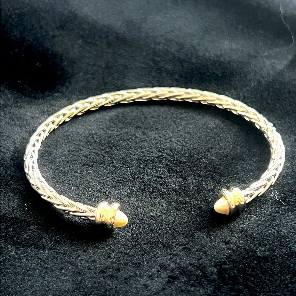 Pearl Tip Two Tone Textured Metal Cuff Bracelet