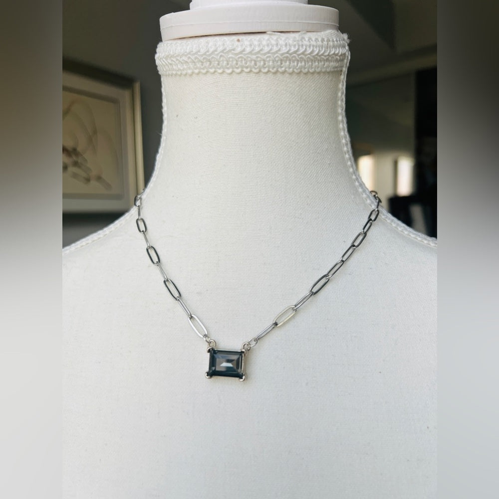 Silver Plated Flat Paperclip Chain with Black Diamond Glass Crystal Rectangular