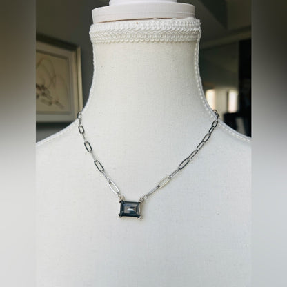 Silver Plated Flat Paperclip Chain with Black Diamond Glass Crystal Rectangular