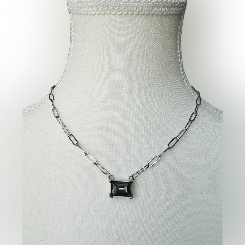 Silver Plated Flat Paperclip Chain with Black Diamond Glass Crystal Rectangular