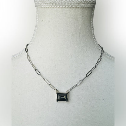 Silver Plated Flat Paperclip Chain with Black Diamond Glass Crystal Rectangular
