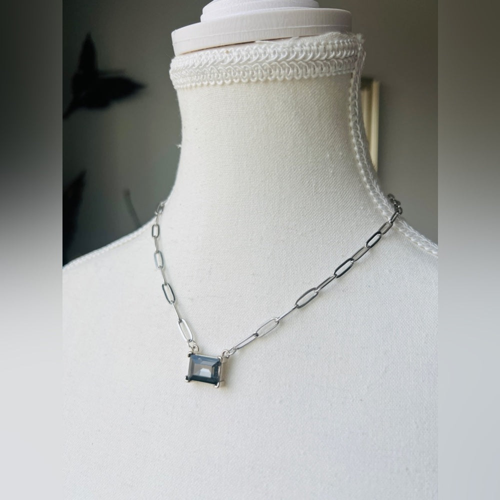 Silver Plated Flat Paperclip Chain with Black Diamond Glass Crystal Rectangular