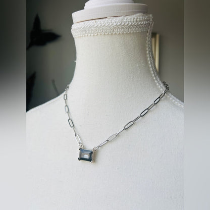 Silver Plated Flat Paperclip Chain with Black Diamond Glass Crystal Rectangular
