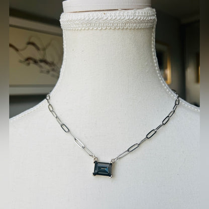 Silver Plated Flat Paperclip Chain with Black Diamond Glass Crystal Rectangular