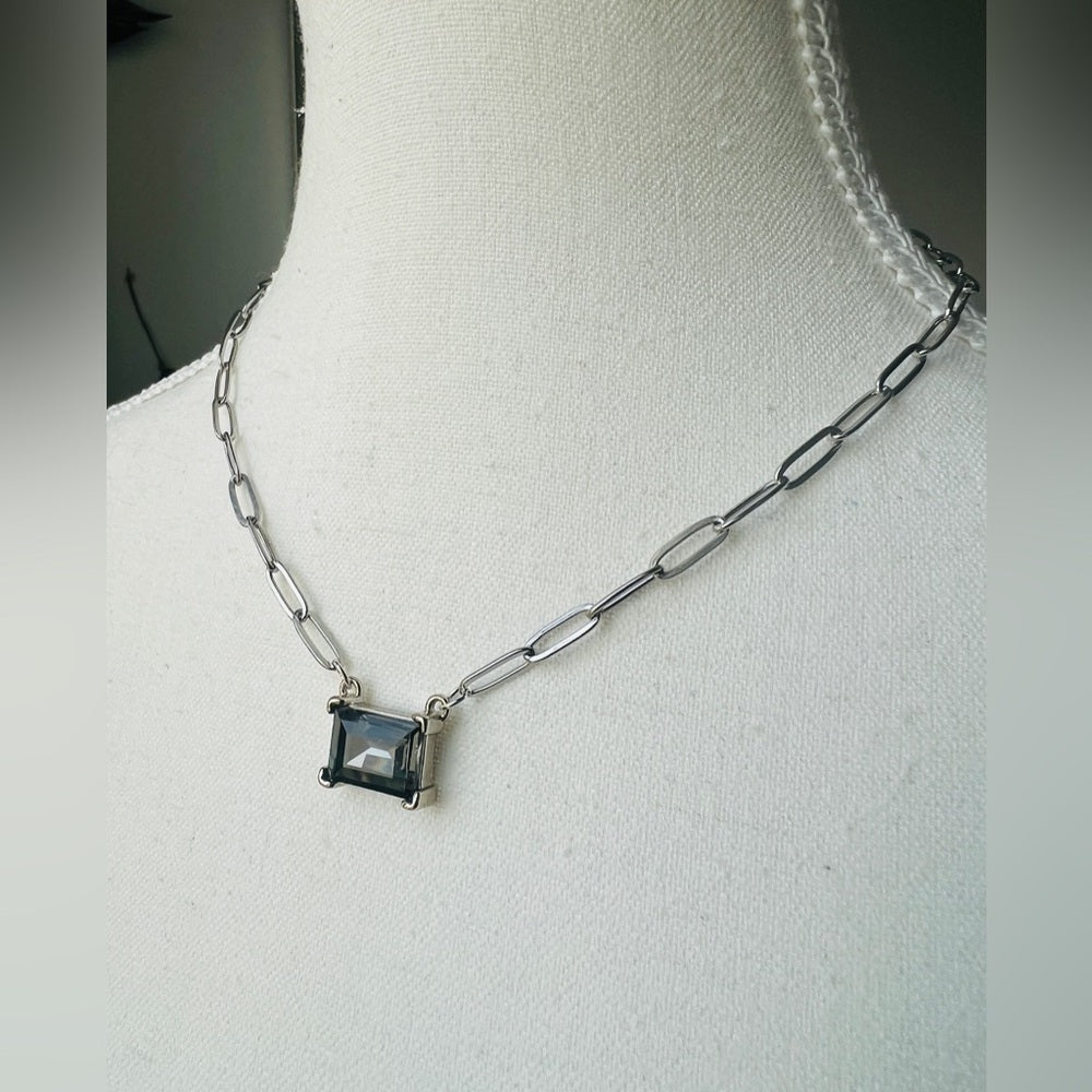Silver Plated Flat Paperclip Chain with Black Diamond Glass Crystal Rectangular