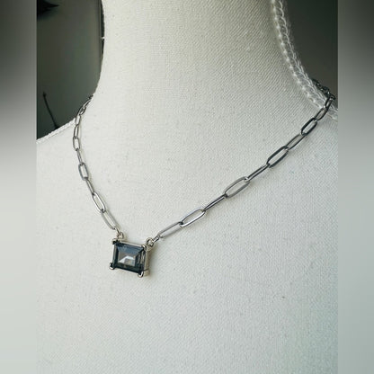 Silver Plated Flat Paperclip Chain with Black Diamond Glass Crystal Rectangular