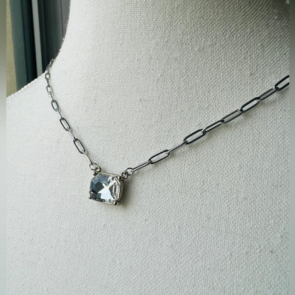 Dainty Silver Plated Flat Paper Chain with Clear Faux Crystal Rectangle