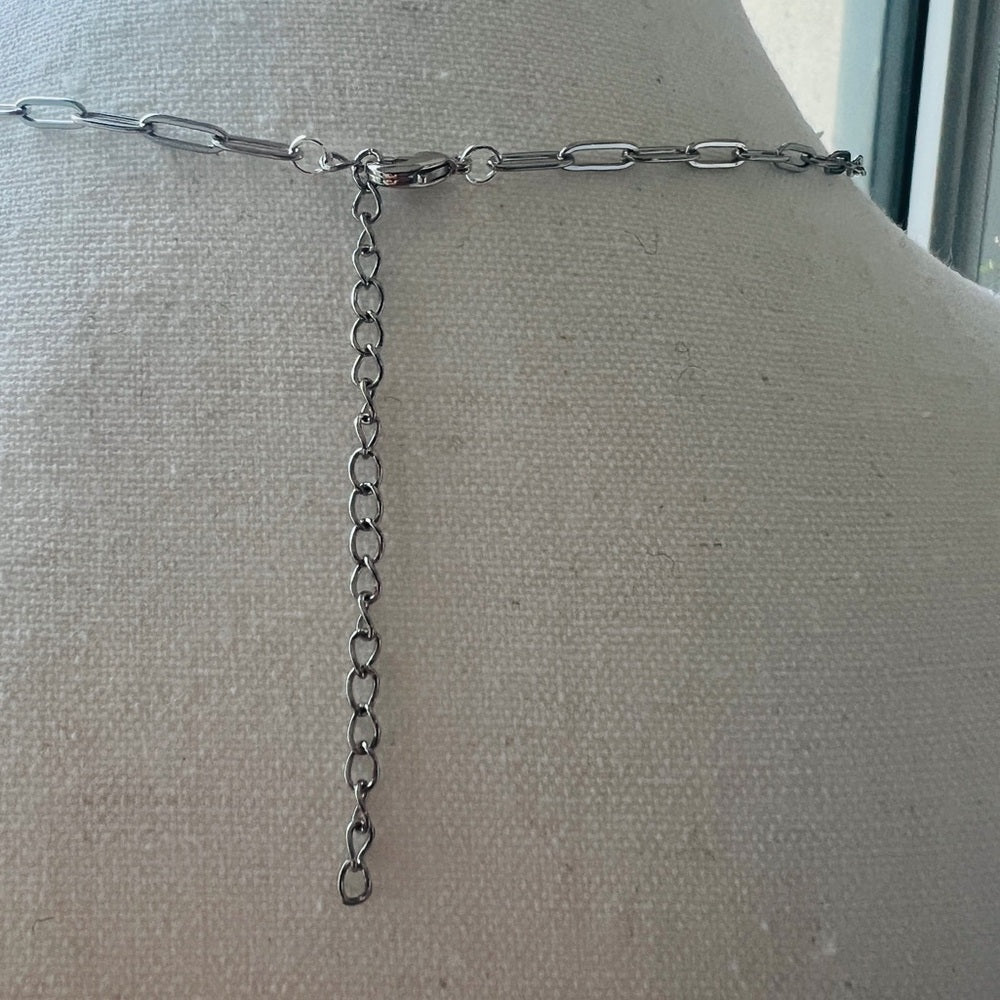 Dainty Silver Plated Flat Paper Chain with Clear Faux Crystal Rectangle