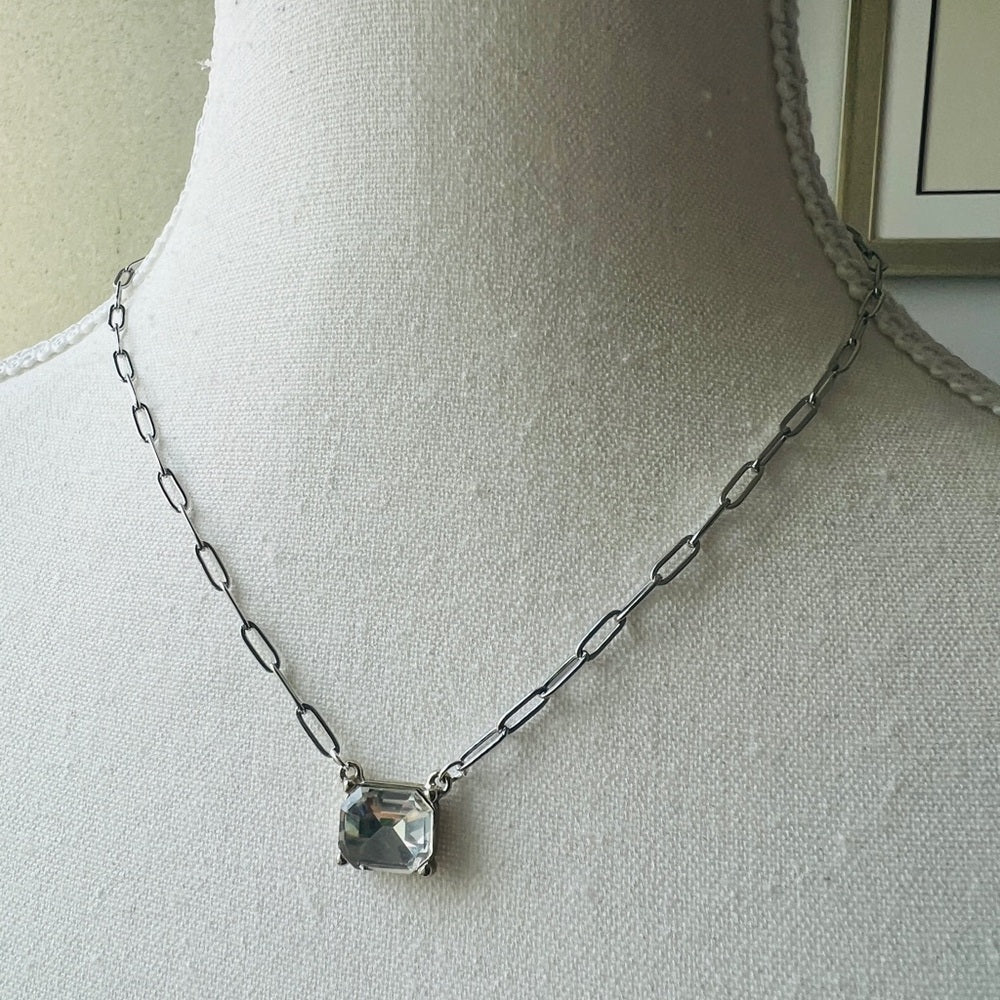 Dainty Silver Plated Flat Paper Chain with Clear Faux Crystal Rectangle
