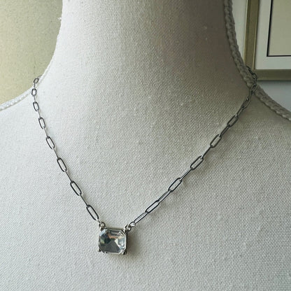 Dainty Silver Plated Flat Paper Chain with Clear Faux Crystal Rectangle