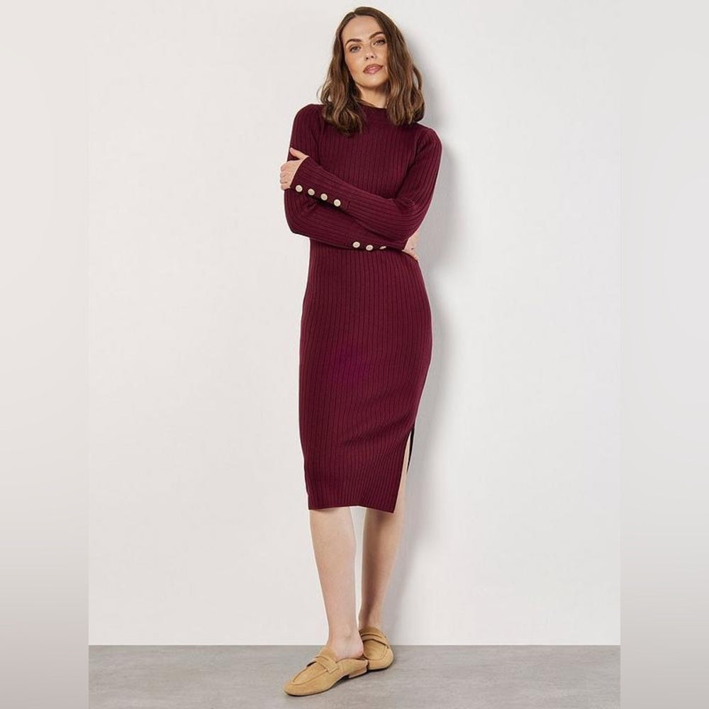 🔥SO ♥️🔥 Apricot - Ribbed Knit Gold Button Midi Dress