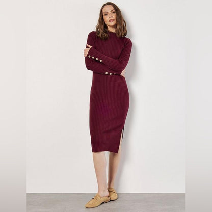 🔥SO ♥️🔥 Apricot - Ribbed Knit Gold Button Midi Dress