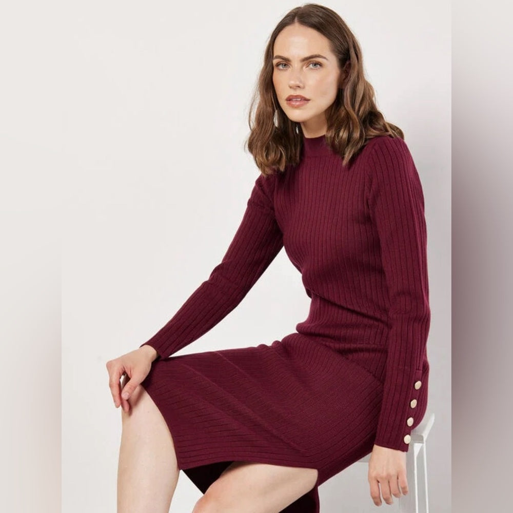 🔥SO ♥️🔥 Apricot - Ribbed Knit Gold Button Midi Dress