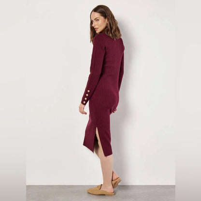🔥SO ♥️🔥 Apricot - Ribbed Knit Gold Button Midi Dress
