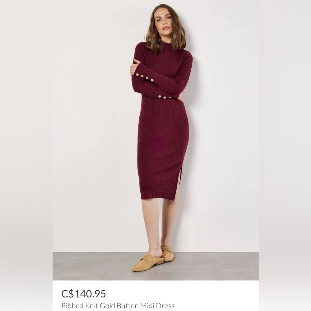 🔥SO ♥️🔥 Apricot - Ribbed Knit Gold Button Midi Dress