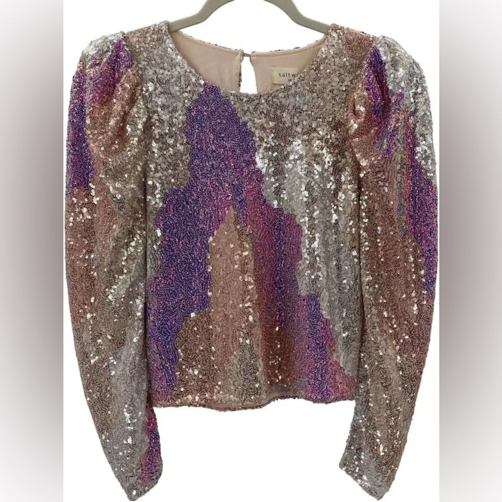 SWL - Sally LaPointe Silver and Pink Sequin Blouse