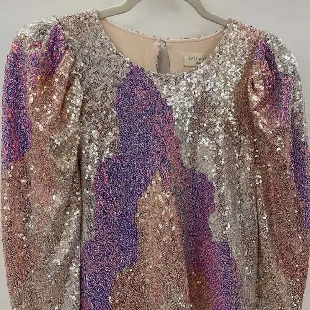 SWL - Sally LaPointe Silver and Pink Sequin Blouse
