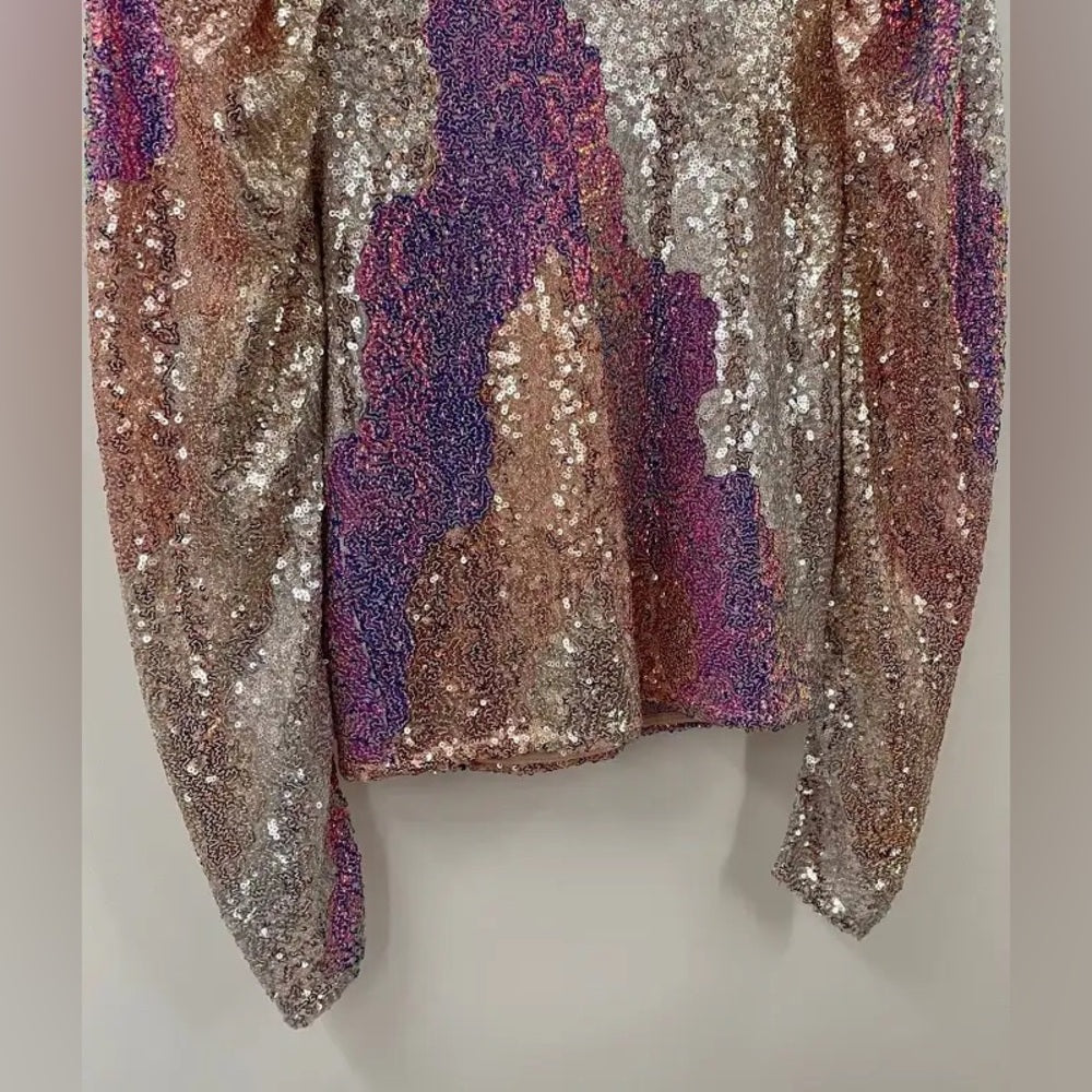 SWL - Sally LaPointe Silver and Pink Sequin Blouse