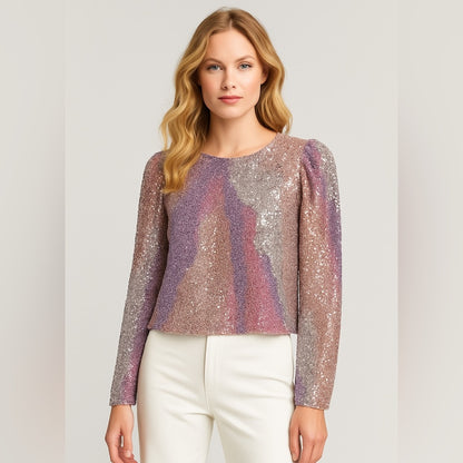 SWL - Sally LaPointe Silver and Pink Sequin Blouse