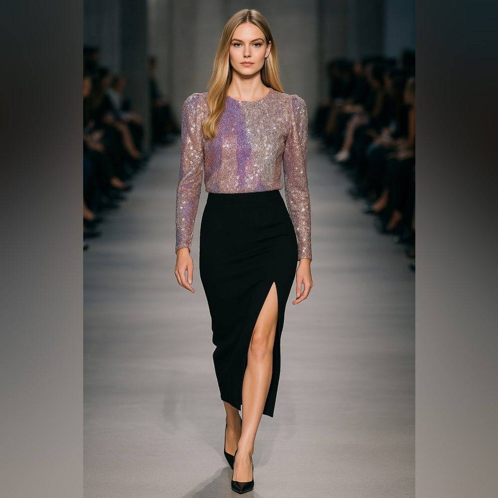 SWL - Sally LaPointe Silver and Pink Sequin Blouse
