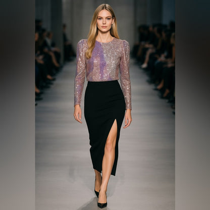 SWL - Sally LaPointe Silver and Pink Sequin Blouse