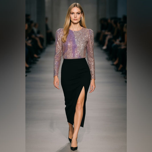 SWL - Sally LaPointe Silver and Pink Sequin Blouse