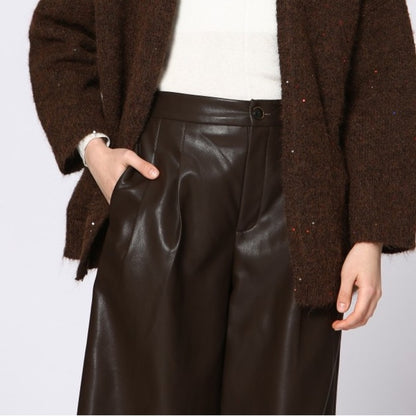 92. Rich Brown Faux Leather Pants With Elastic waist cropped wide leg