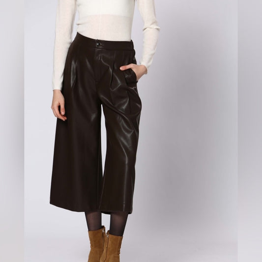 92. Rich Brown Faux Leather Pants With Elastic waist cropped wide leg