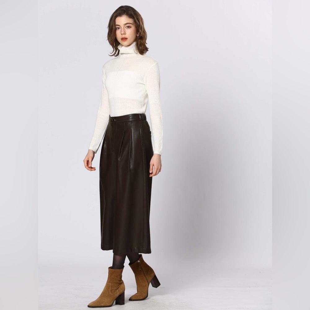 92. Rich Brown Faux Leather Pants With Elastic waist cropped wide leg