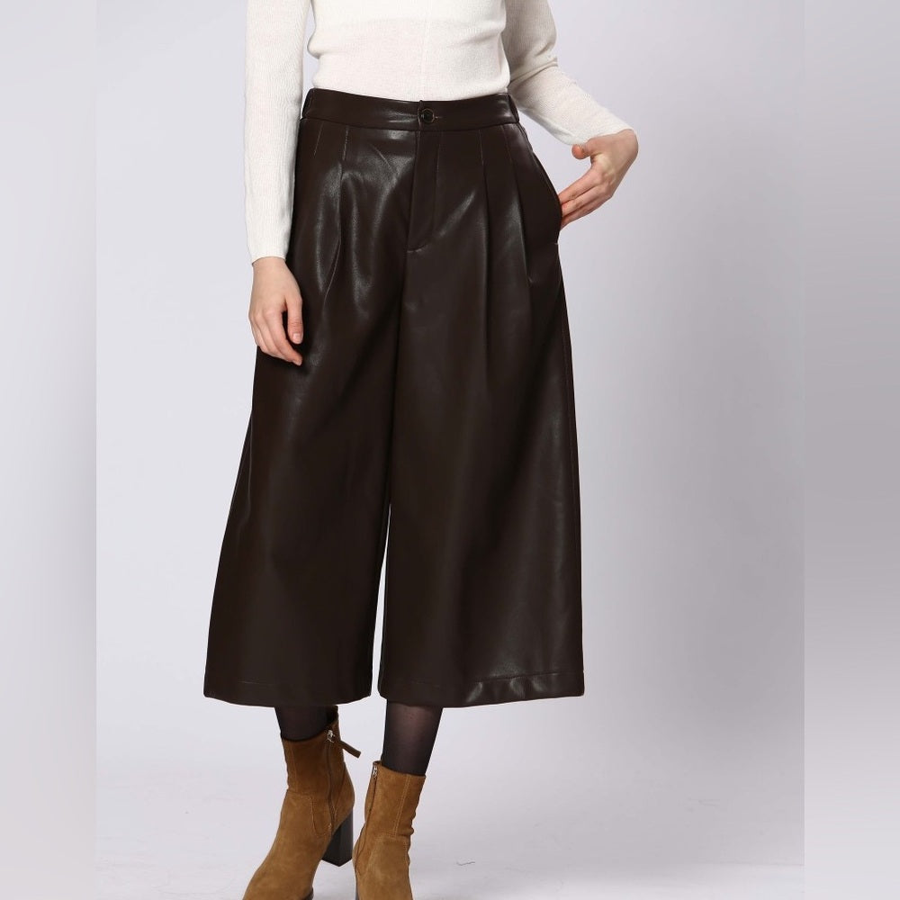 92. Rich Brown Faux Leather Pants With Elastic waist cropped wide leg